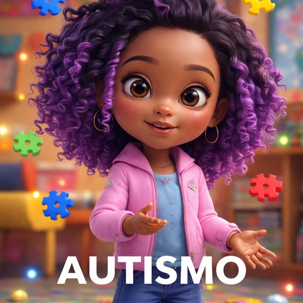 Ilustração de uma criança sorrindo, com cabelo cacheado roxo, em um ambiente colorido e acolhedor, 
            representando o autismo de forma positiva