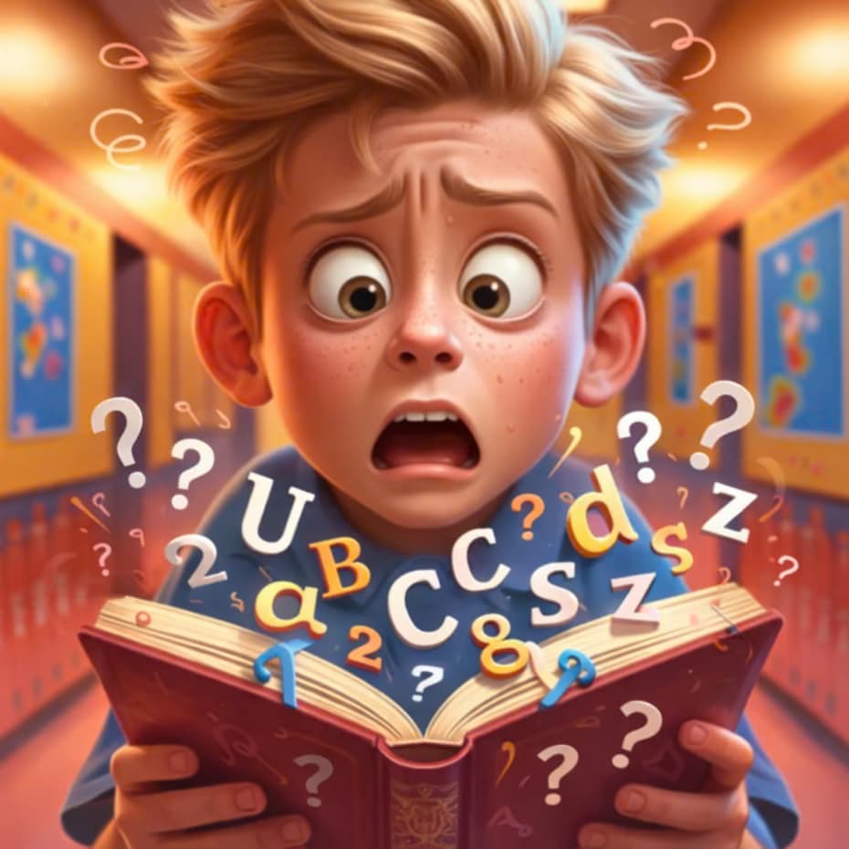Criança com expressão de confusão segurando um livro, com letras e 
                números embaralhados ao redor, representando dificuldades de leitura associadas à dislexia.