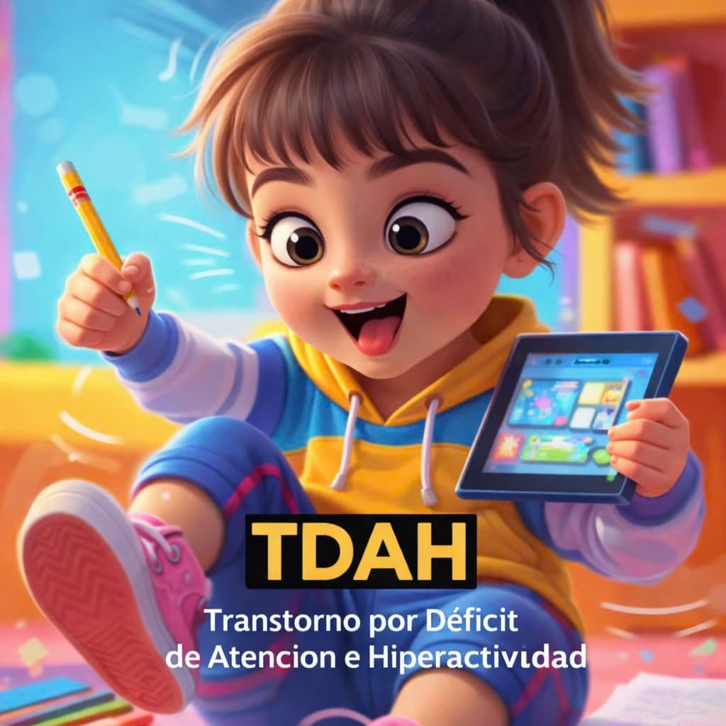 Ilustração de uma criança com TDAH em 
                ambiente de aprendizagem, utilizando recursos educativos